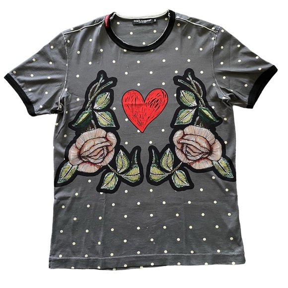 Dolce & Gabbana Grey Polka Dot Rose & Heart Printed Crewneck T-Shirt M30